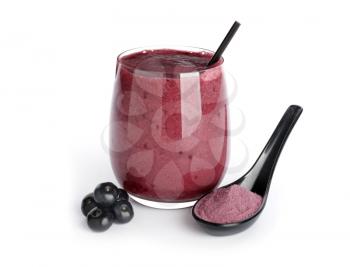 Glass of acai smoothie with powder on white background�