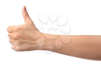 Hand of woman showing thumb-up gesture on white background�