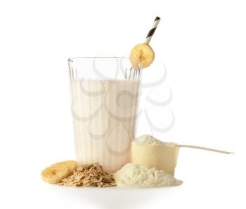 Glass of protein shake on white background�