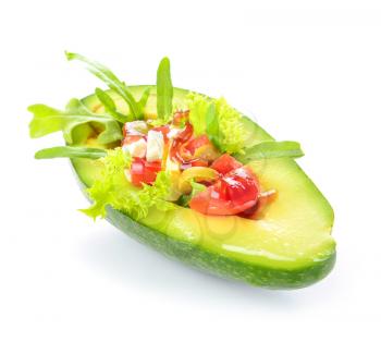 Tasty avocado with filling on white background�