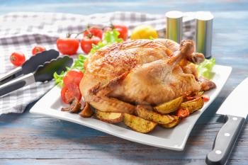 Plate with baked chicken and potato on table�