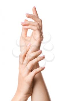 Hands of young woman on white background�