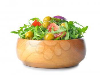 Bowl with fresh salad on white background�