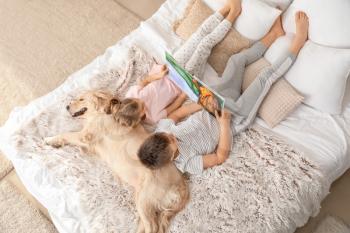 Little children with dog reading book in bedroom at home�