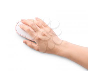 Female hand with modern computer mouse on white background�