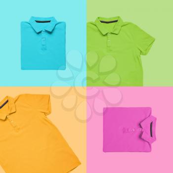 Different blank polo shirts on color background�