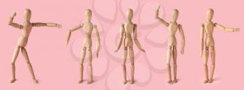 Collage of wooden mannequin on color background�