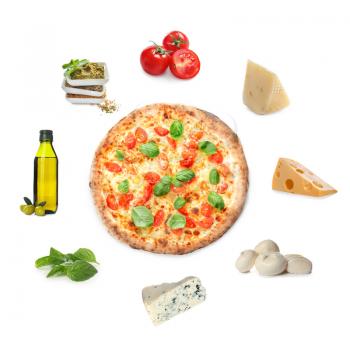 Tasty pizza with ingredients on white background�