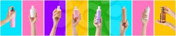 Female hands with shower gels on color background�