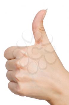 Female hand thumb up sign isolated on white background