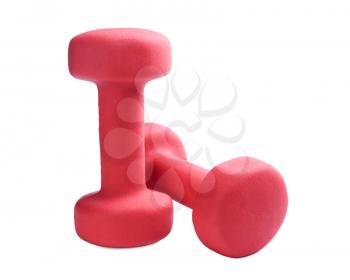 Two red plastic coated dumbells isolated on white