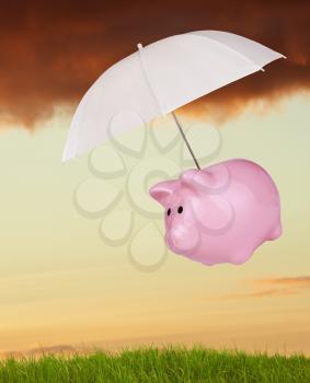 piggy bank flying over green grass against stormy sky