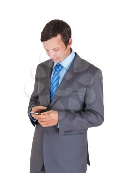 Young businessman with mobile phone   isolated on white background