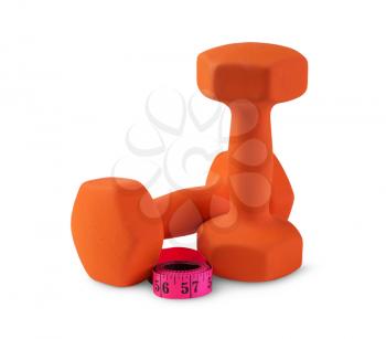Two orange plastic coated dumbbells with measuring tape isolated on white. 
Fitness and healthy lifestyle  weight control concept