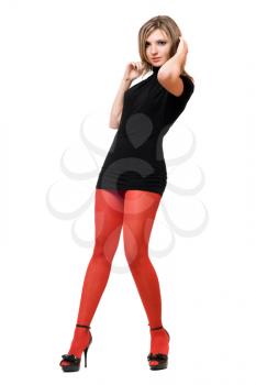 Royalty Free Photo of a Woman in a Short Black Dress and Red Tights