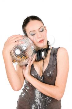 Portrait of woman with a mirror ball in her hands. Isolated on white