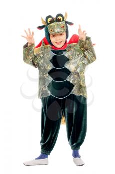 Joyful kid in a dragon costume. Isolated