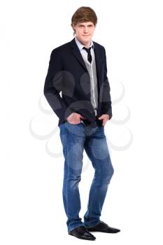 Young handsome guy posing in blue jeans and jacket. Isolated on white