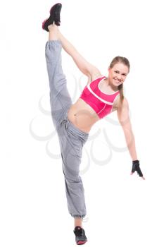 Beautiful cheerful woman showing her stretching. Isolated on white