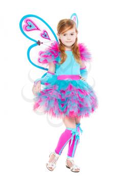 Nice little girl wearing luxury butterfly costume. Isolated on white