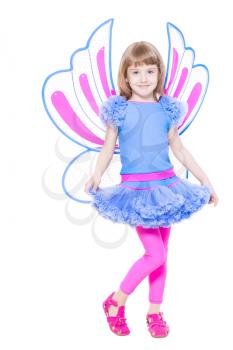 Smiling little girl showing her blue carnival costume. Isolated on white