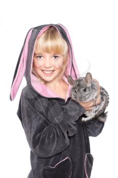 Portrait of cute little girl with chinchilla. Isolated on white