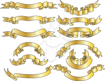 Set of golden ribbons with silver stripes. Vector illustration.