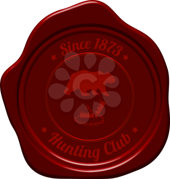 Hunting Vintage Emblem. Wild Bear Silhouette With Opened Trap.  Suitable for Advertising, Hunt Equipment, Club And Other Use. Dark Red Retro Seal Style. Vector Illustration. 