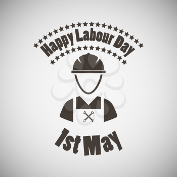 Labour day emblem with worker in coveralls. Vector illustration. 