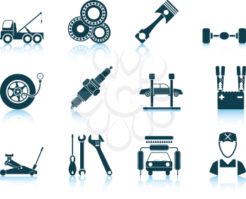 Set of twelve Service station icons with reflections. Vector illustration.