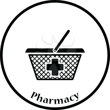 Pharmacy shopping cart icon. Thin circle design. Vector illustration.