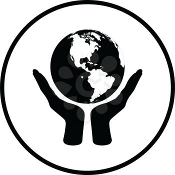 Hands holding planet icon. Thin circle design. Vector illustration.