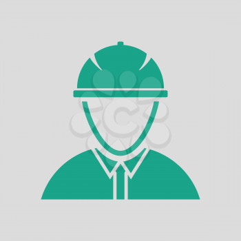 Icon of construction worker head in helmet. Gray background with green. Vector illustration.