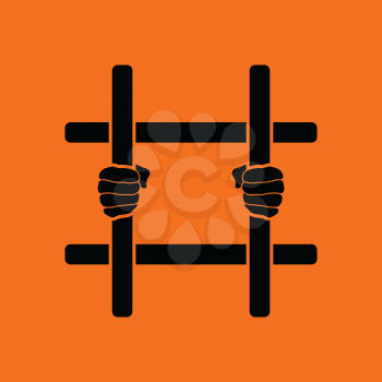Hands holding prison bars icon. Orange background with black. Vector illustration.