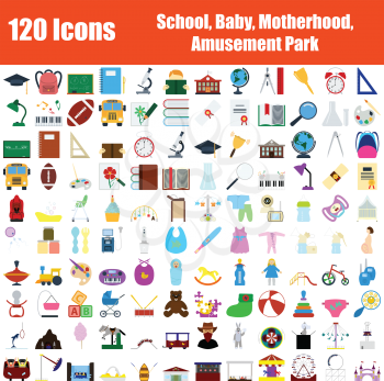 Set of 120 Icons. School, Baby, Motherhood, Amusement Park themes. Color Flat Design. Vector Illustration.