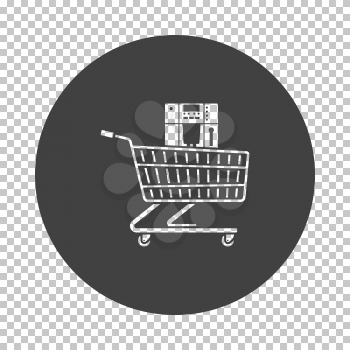 Shopping Cart With Cofee Machine Icon. Subtract Stencil Design on Tranparency Grid. Vector Illustration.