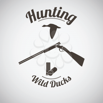 Hunting Vintage Emblem. Opened Hunting Gun With Ammo and Flying Duck Silhouette. Dark Brown Retro Style.  Vector Illustration. 