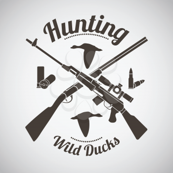Hunting Vintage Emblem. Crossed Hunting Gun And Rifle With Ammo and Flying Duck Silhouette.  Dark Brown Retro Style.  Vector Illustration. 