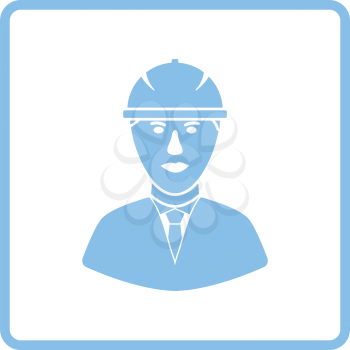 Icon of construction worker head in helmet. Blue frame design. Vector illustration.