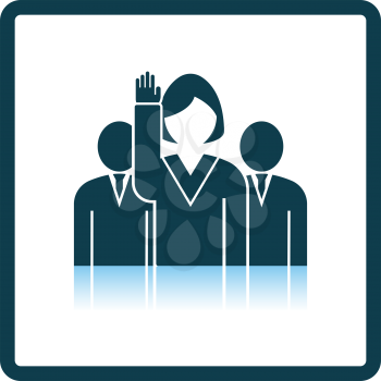 Voting Lady With Men Behind Icon. Square Shadow Reflection Design. Vector Illustration.