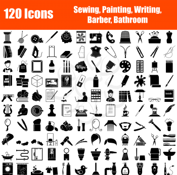 Set of 120 Icons. Sewing, Painting, Writing, Barber, Bathroom themes. Black Color Stencil Design. Vector Illustration.