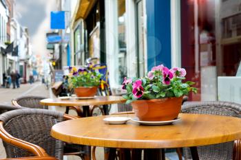 Flowers on the tables of street cafes. Gorinchem. Netherlands