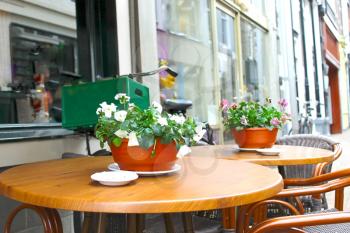 Flowers on the tables of street cafes. Gorinchem. Netherlands 
