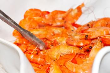 Boiled shrimp in a bowl in a restaurant