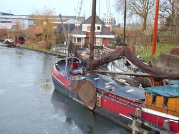 Pier and ship in Gorinchem. Netherlands 
