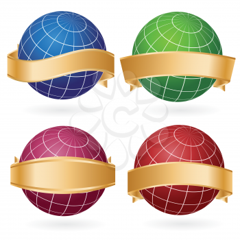 Royalty Free Clipart Image of a Set of Globes and Golden Ribbons