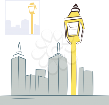 Retro street lantern with modern city building silhouettes skyline vector illustration.