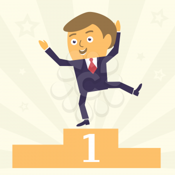 Happy and Satisfied Cartoon Businessman character win first place. Modern business concept vector illustration.