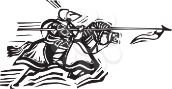 Woodcut expressionist style image of a jousting knight