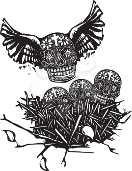 Woodcut style image of Mexican skulls with wings in a birds nest.